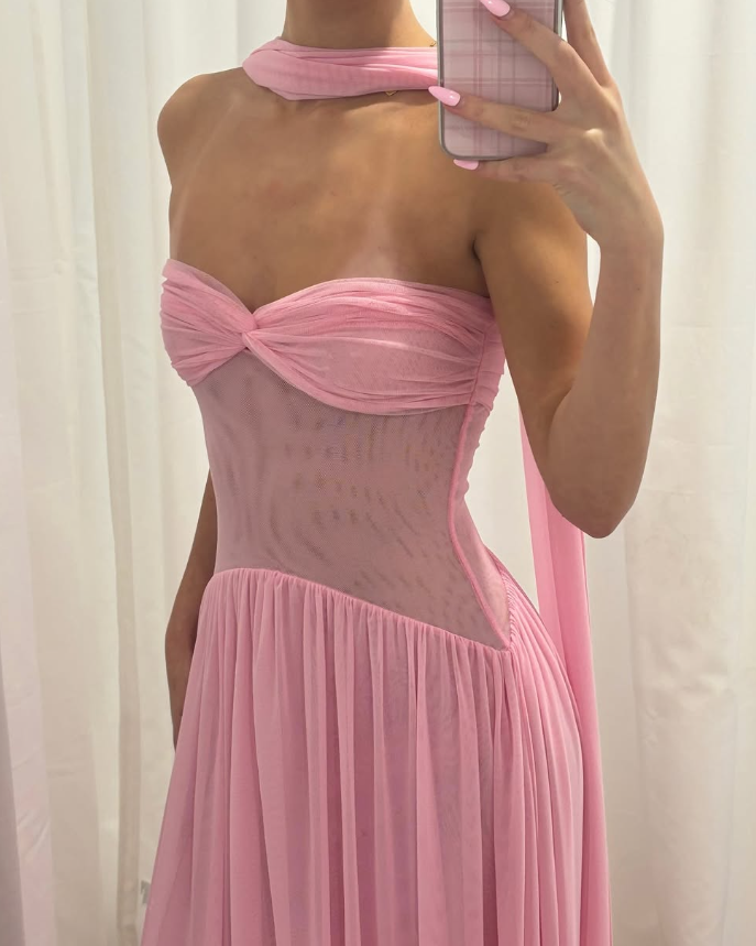 Romantic Pink A Line Sweetheart Neck Tulle Long Prom Dress Evening Dress DP7467