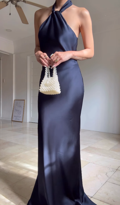 Simple Sheath Halter Navy Blue Satin Open Back Graduation Prom Dress DP4875