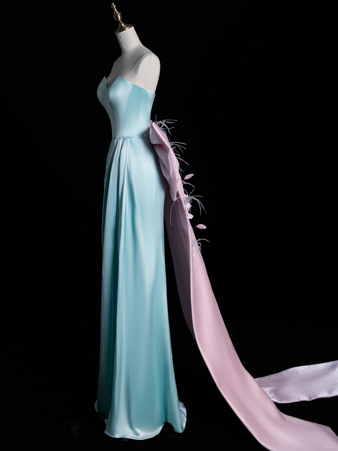 Cute A Line Sweetheart Neck Pink Bow Blue Satin Long Prom Dress Graduation Prom Dress DP2048