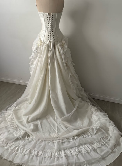 1960s A Line Strapless Ivory Chiffon Lace Satin Wedding Dress DP5292