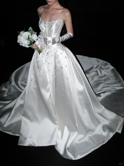 Stunning Ball Gown Strapless Shiny Beaded White Satin Long Train Wedding Dress DP8088