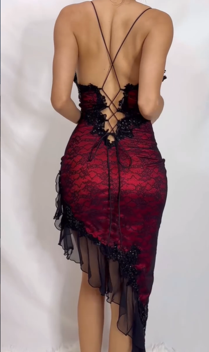 Sexy Vintage Sheath Straps Red Satin Black Lace Short Homecoming Dress DP5159