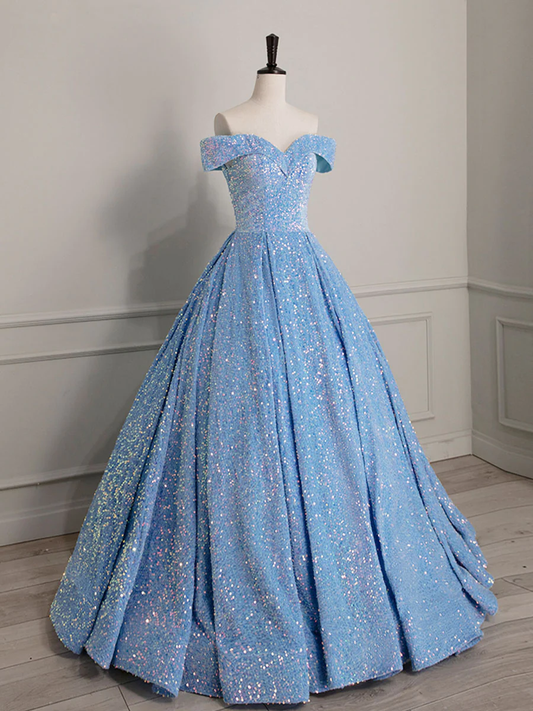 Charming Off The Shoulder Sequin Blue Long Prom Dress Formal Party Evening Dress Ball Gown DP075