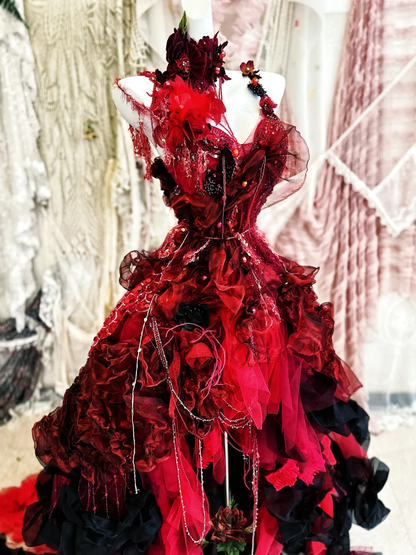 Stunning Burgundy Ball Gown Spaghetti Strap Floral Beaded Tulle Prom Dress 16th Birthday Dress DP3797
