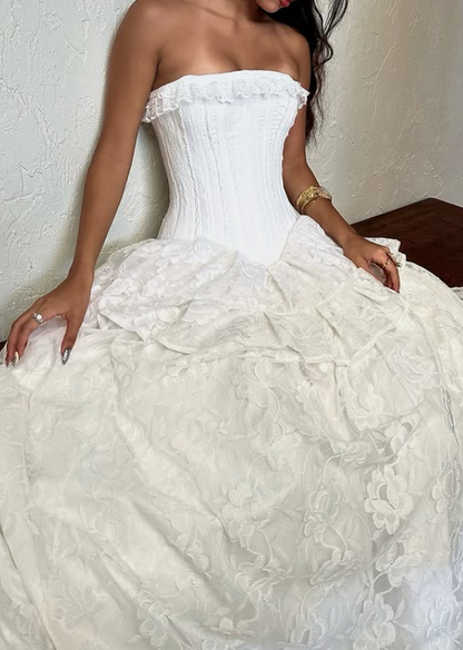 Stunning Ball Gown Strapless Layered White Lace Prom Dress Wedding Dress DP4282
