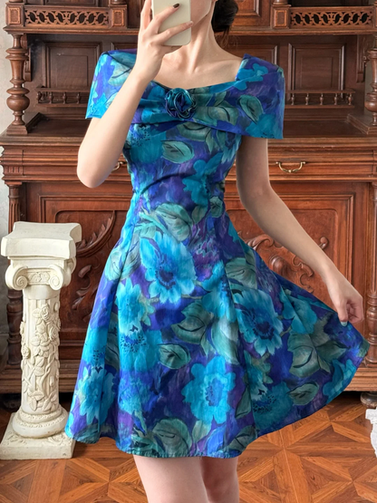 Vintage Elegant A Line Blue Print Floral Satin Short Prom Dress Homecoming Dress DP5328