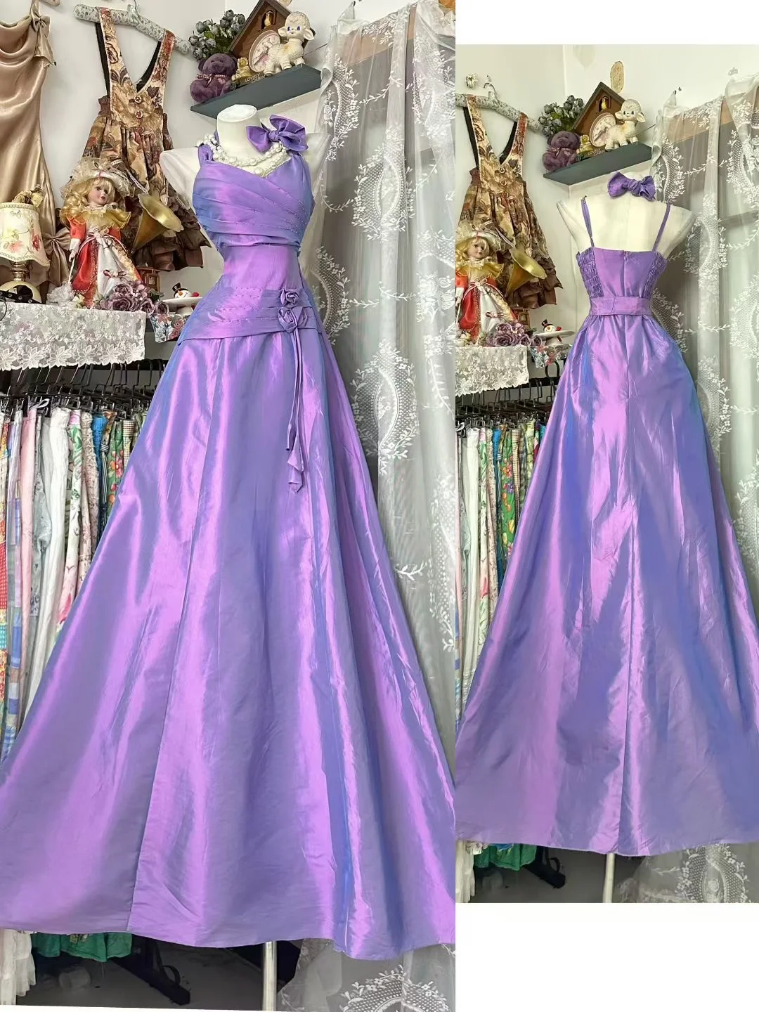 Vintage Romantic Purple A Line Spaghetti Strap Bow Satin Prom Dress Evening Dress DP5230