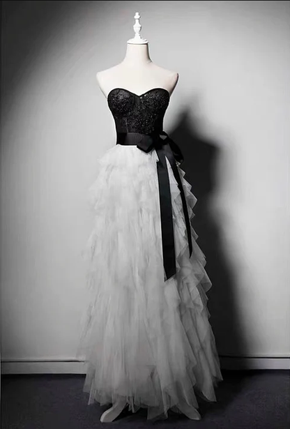 Gothic Black White Tulle Beaded Strapless Prom Dress Evening Dress DP452