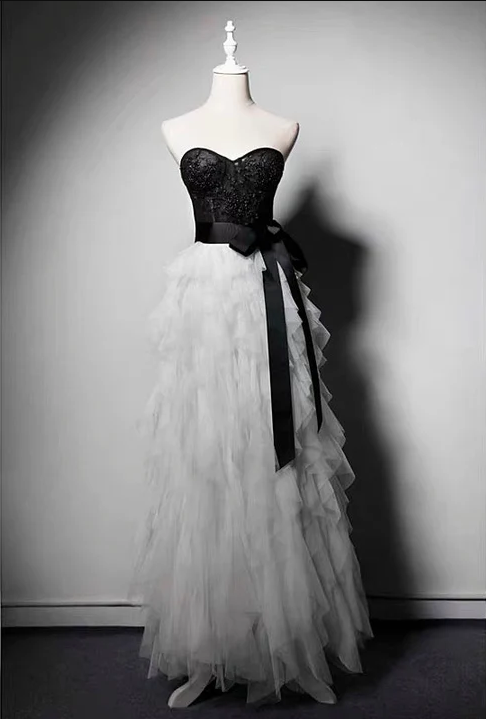 Gothic Black White Tulle Beaded Strapless Prom Dress Evening Dress DP452