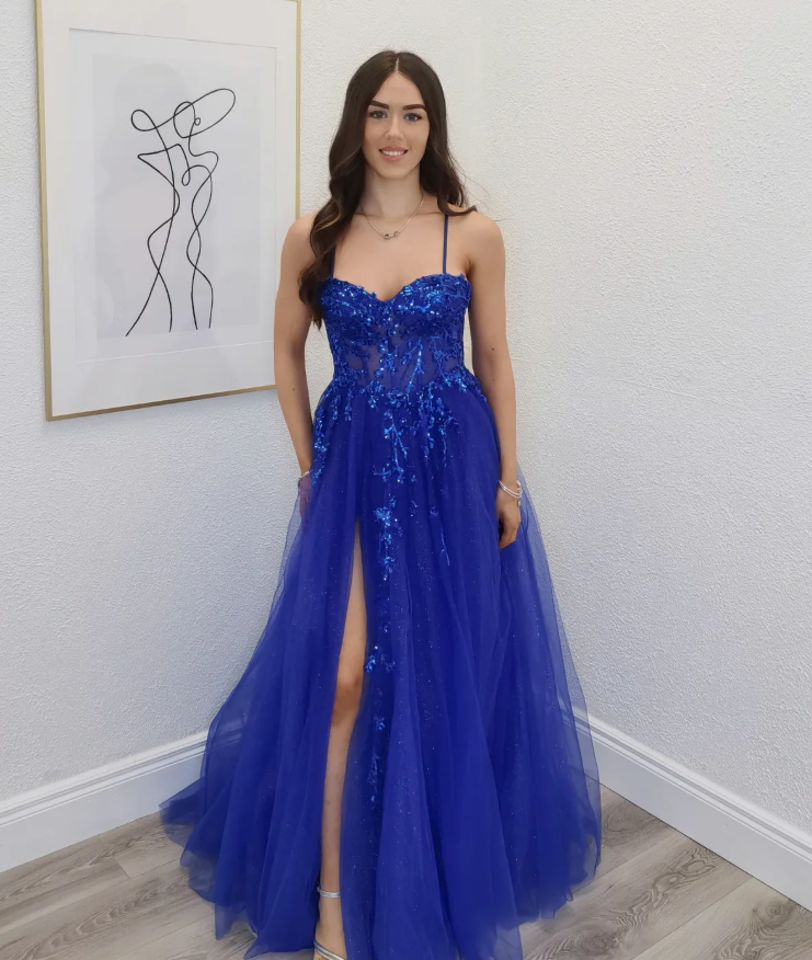 Cute Royal Blue A Line Spagehtti Strap Sequin Tulle Prom Dress Evening Dress DP6587