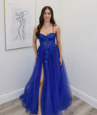 Cute Royal Blue A Line Spagehtti Strap Sequin Tulle Prom Dress Evening Dress DP6587