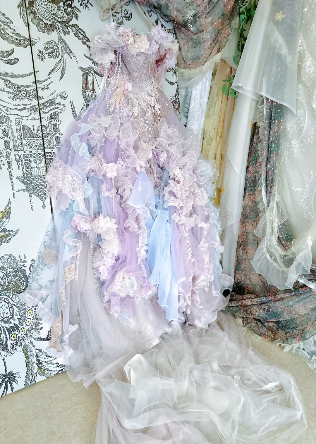 Exquisite Ball Gown Off the Shoulder Purple Floral Ruffle Organza Prom Dress 16th Birthday Dress DP3839