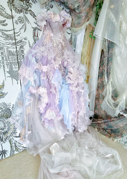 Exquisite Ball Gown Off the Shoulder Purple Floral Ruffle Organza Prom Dress 16th Birthday Dress DP3839