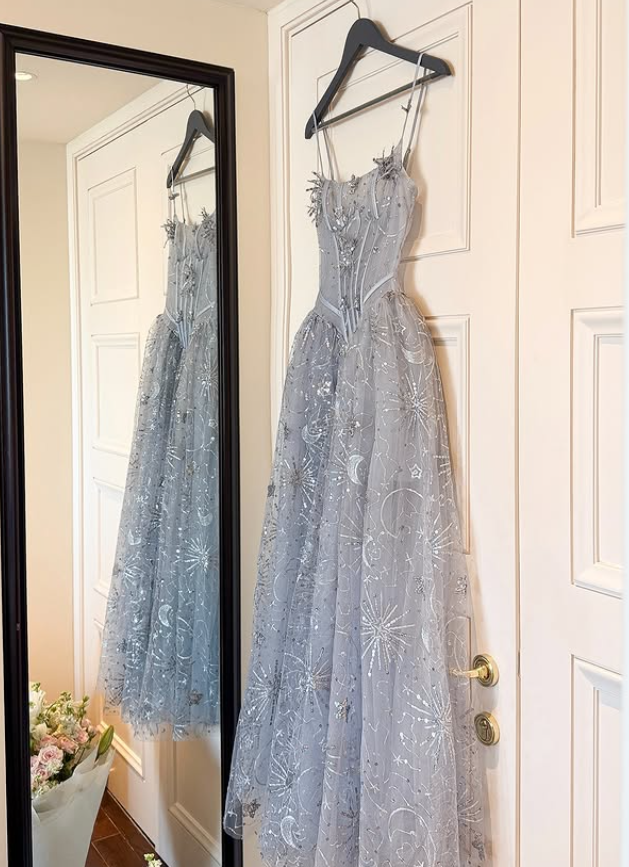 Dreamy Blue A Line Spaghetti Straps Embroidered Beaded Tulle Prom Dress Evening Dress DP6134