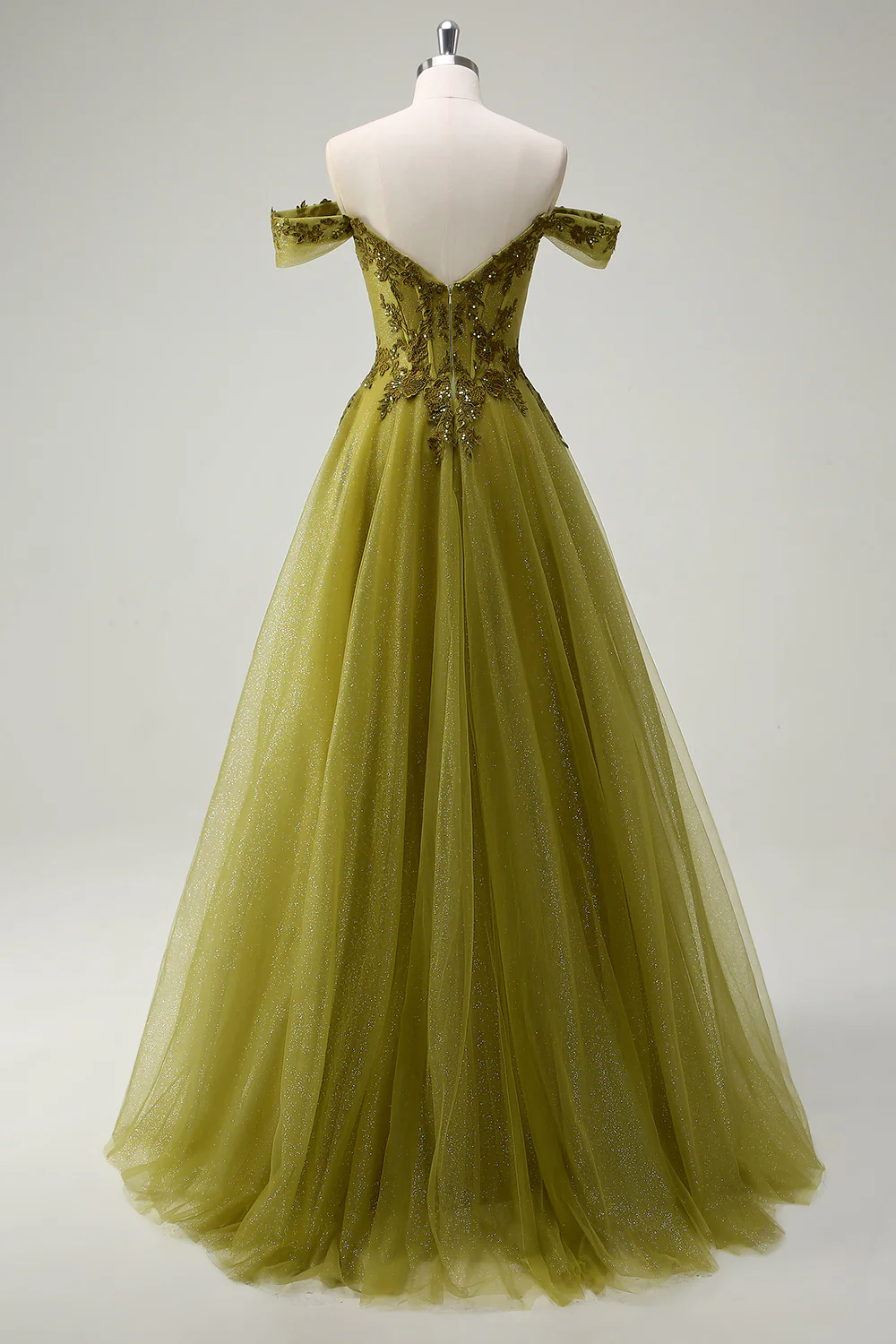 Green A Line Off the Shoulder Appliques Tulle Long Prom Dress Evening Dress DP1473