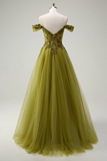 Green A Line Off the Shoulder Appliques Tulle Long Prom Dress Evening Dress DP1473