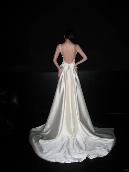 Backless Simple A Line White Beaded Lace Satin Long Wedding Dress DP5791