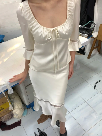 Two Piece Mermaid Long Sleeve White Satin Short Homecoming Dress Outfits DP4818