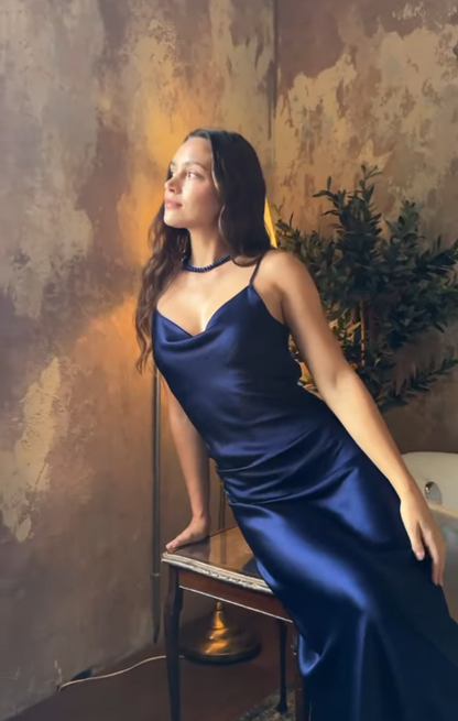 Navy Blue Simple Sheath Spaghetti Straps Satin Prom Dress Formal Dress DP3502