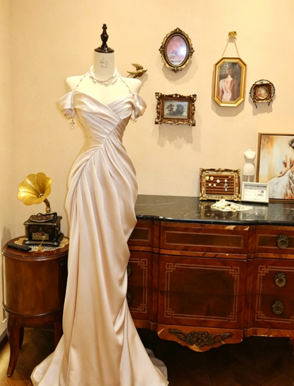 Elegant Mermaid Off the Shoulder Pearl Pleated Satin Prom Dress 21th Birthday Dress DP3917