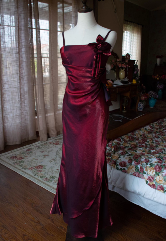 Vintage Mermaid Spaghetti Straps Burgundy Satin Prom Dress DP4820