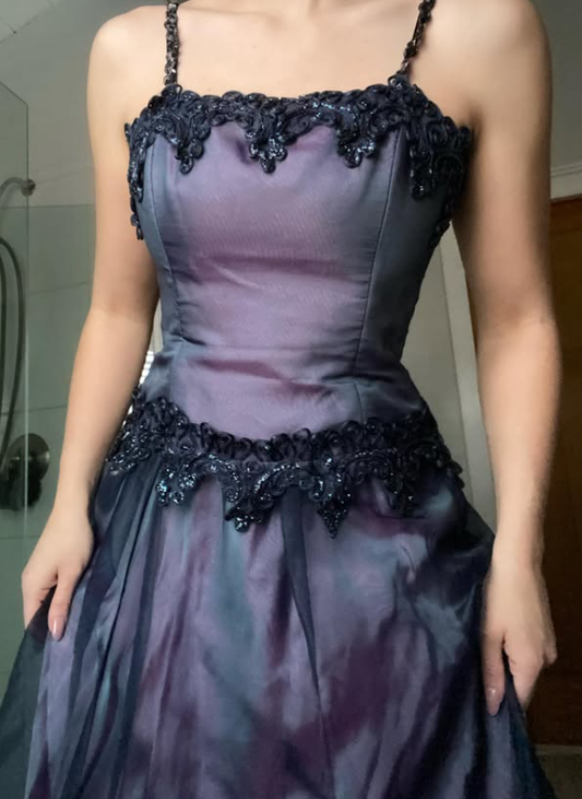 Vintage Dark Purple A Line Straps Beaded Satin Tulle Prom Dress Evening Dress DP5642