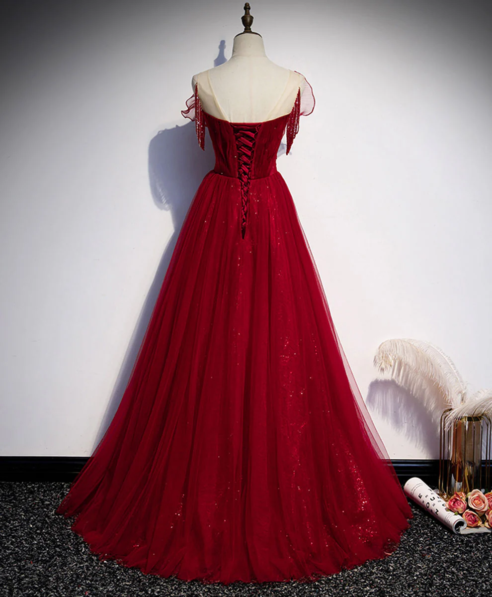 Burgundy Tulle Round Neck Long Prom Dress Evening Dress DP459