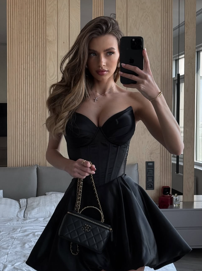 Simple Black A Line Sweetheart Neck Corset Satin Short Party Dress Homecoming Dress DP3016