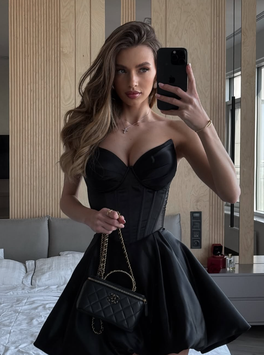Simple Black A Line Sweetheart Neck Corset Satin Short Party Dress Homecoming Dress DP3016