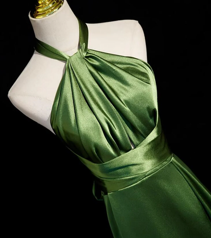 Green Satin Halter Long Evening Dress Slit Party Dress DP516