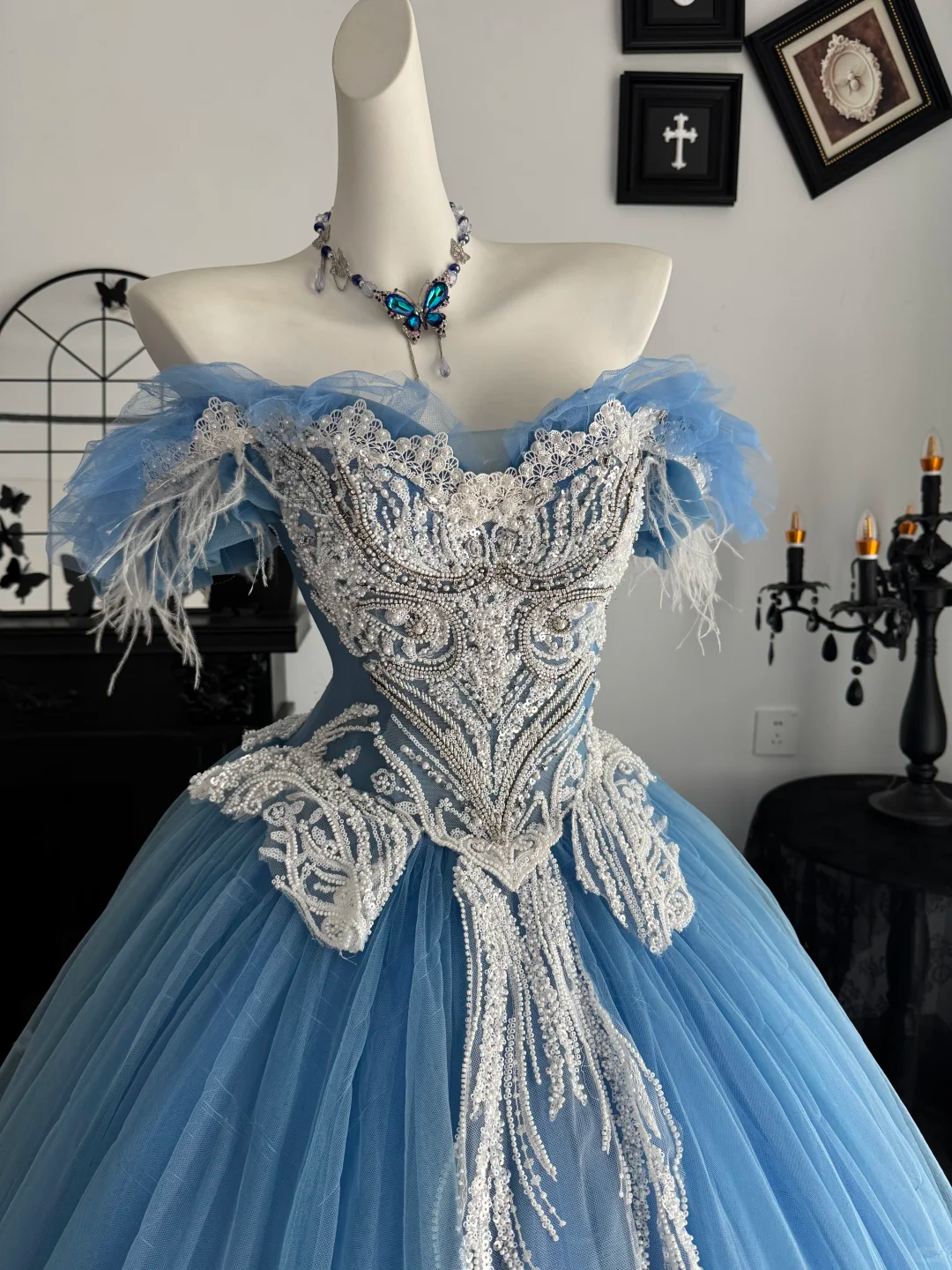 Blue Ball Gown Off the Shoulder Feather Beaded Tulle Prom Dress Quinceanera Dress DP6956