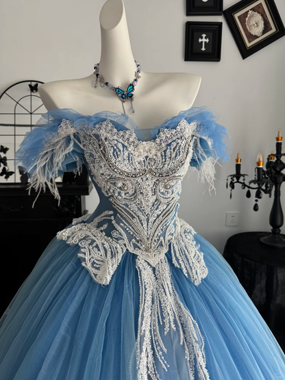Blue Ball Gown Off the Shoulder Feather Beaded Tulle Prom Dress Quinceanera Dress DP6956