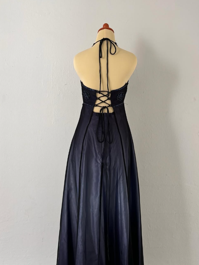 Vintage A Line V Neck Beads Satin Long Prom Dress Evening Dress DP1389