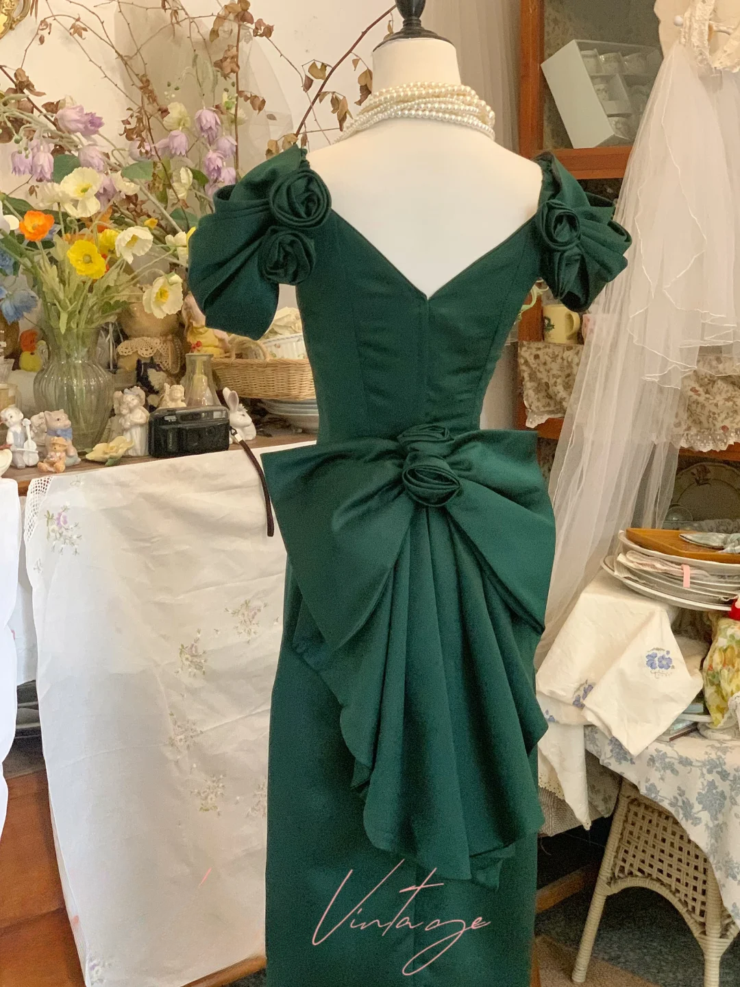 Vintage Classic Green A Line Off the Shoulder Satin Prom Dress 16th Birthday Dress DP4139