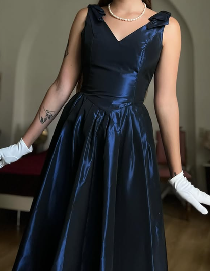 Vintage Navy Blue A Line V Neck Satin Prom Dress Evening Dress Date Dress DP5701