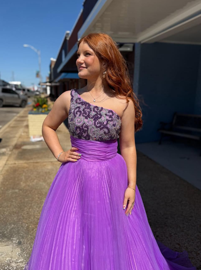 Beautiful A Line One Shoulder Beaded Purple Tulle Long Prom Dress Evening Dress DP6274