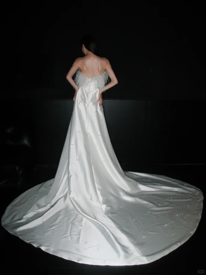 Sweety A Line Strapless White Feather Beaded Satin Long Wedding Dress DP5786