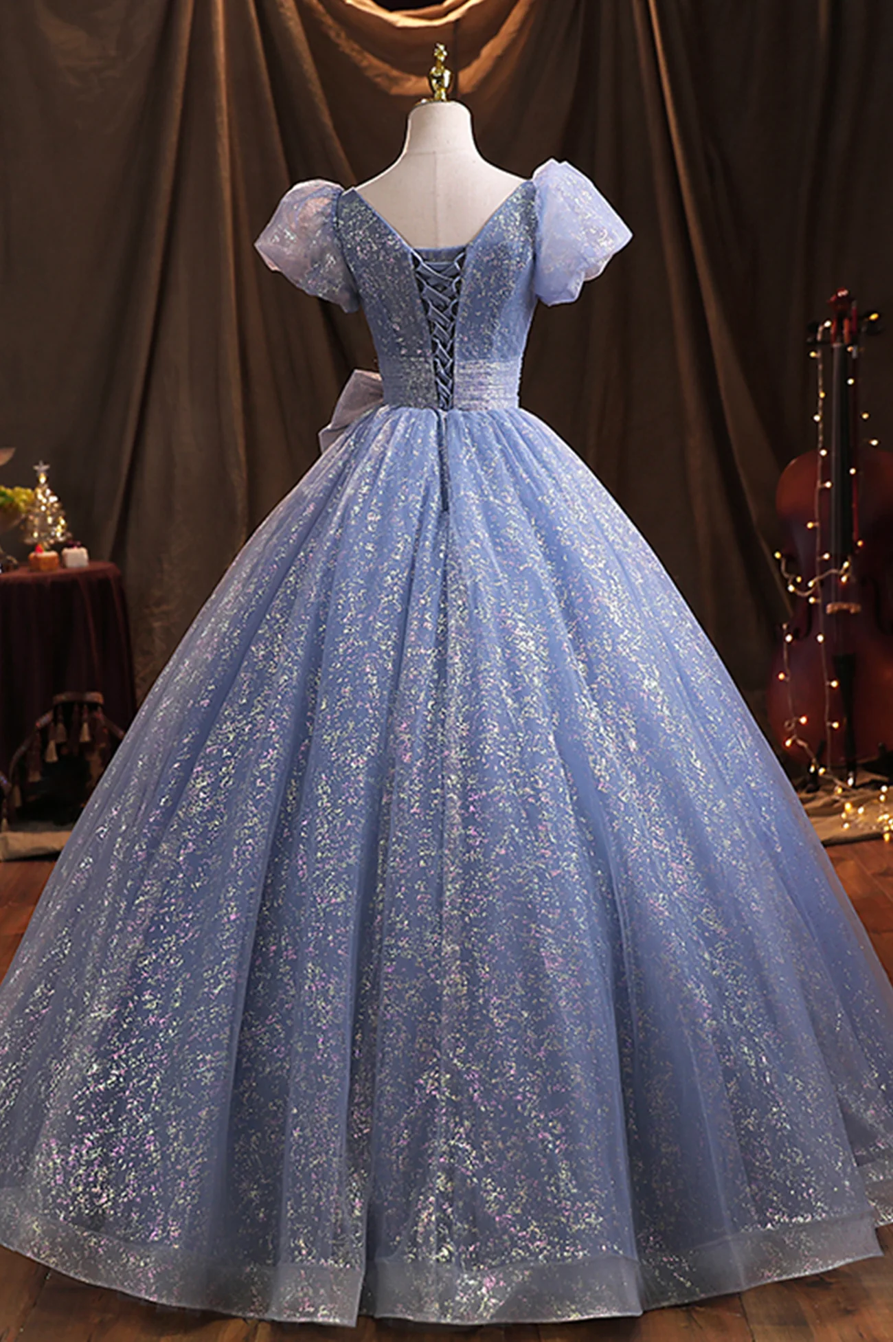 Blue Tulle Sequins Long Prom Dress A-Line Ball Gown Willth Bow DP155