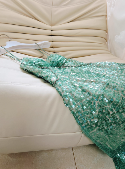 Green A Line Spaghetti Straps Beaded Sequin Prom Dress Outfits DP4481