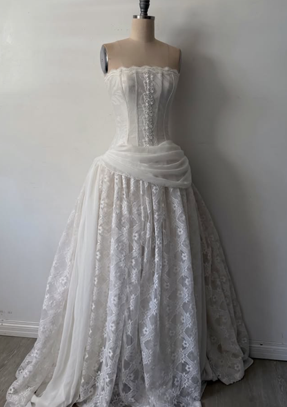 Vintage White A Line Strapless Lace Long Prom Dress Evening Dress DP7882
