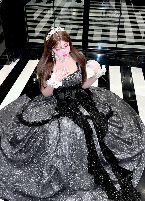 Stunning Black Bow A Line Sequin Lolita Goth Boning Dress Prom Dress DP4506