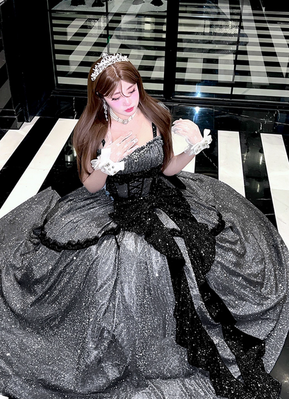 Stunning Black Bow A Line Sequin Lolita Goth Boning Dress Prom Dress DP4506