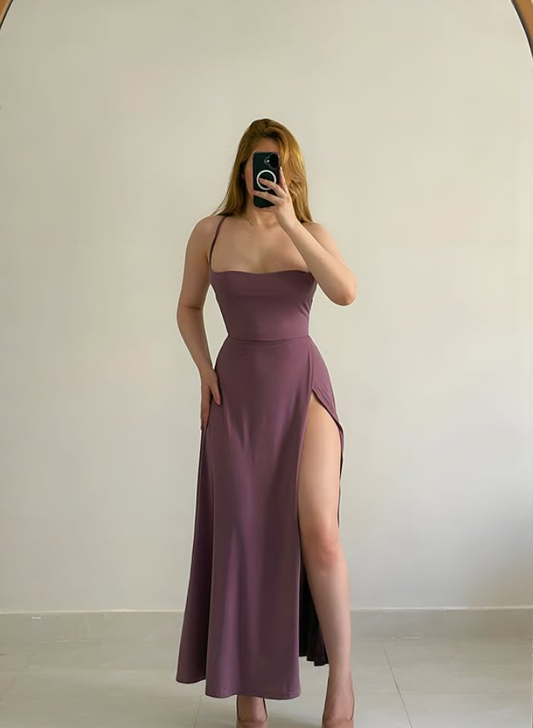 Purple Sheath Spaghetti Strap Satin Prom Dress Evening Dress with Slit DP6046