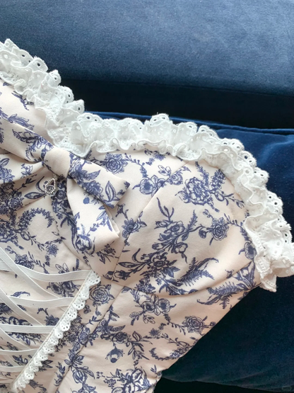 Two Piece Sheath Strapless Blue Print Floral Satin Short Prom Dress Homecoming Dress DP6393