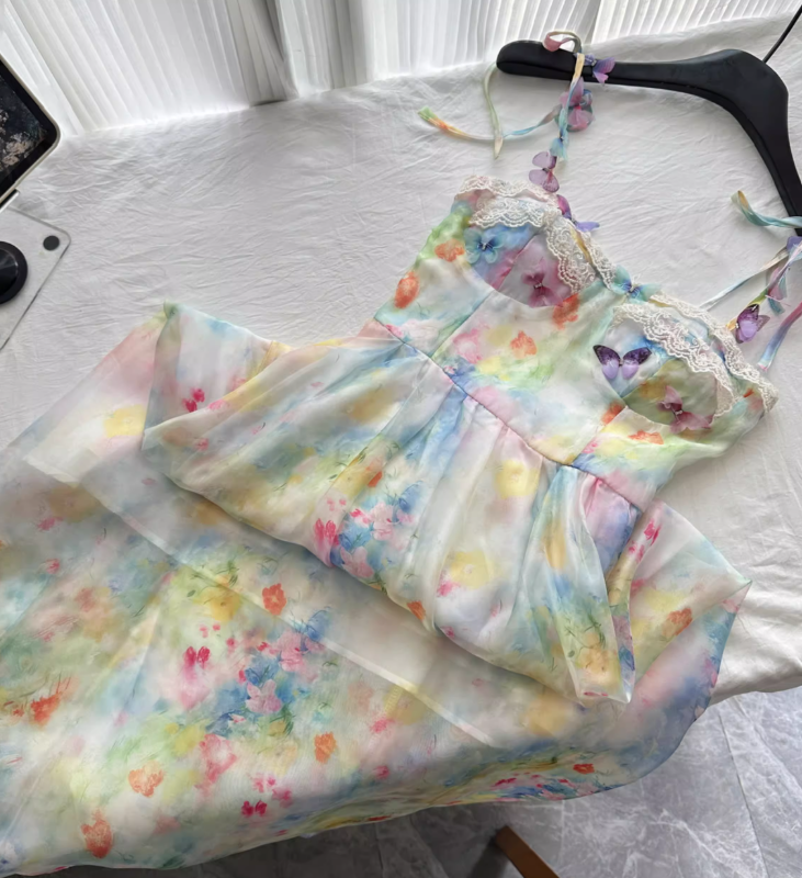 Dreamy Multi-color A Line Spaghetti Strap Printed Floral Chiffon Vacation Dress Birthday Dress Outfits DP3542
