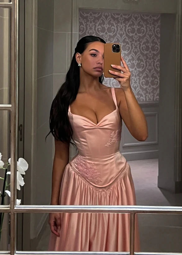 Pink A Line Spaghetti Straps Appliques Satin Long Prom Dress Evening Dress Date Dress DP2942
