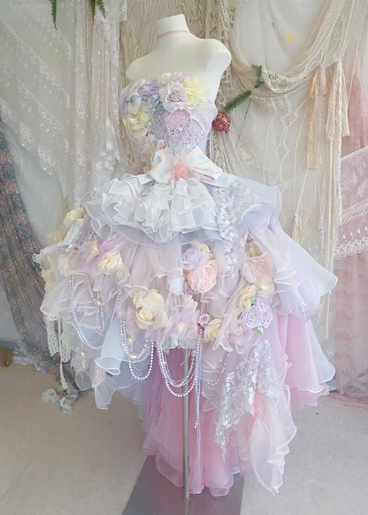Dreamy Multi-color A Line Strapless Floral Beaded Tulle Short Prom Dress 16th Birthday Dress DP3767