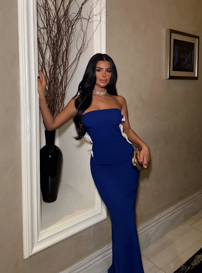Cute Bow Kont Sheath Strapless Dark Blue Satin Long Prom Dress Party Dress DP8223