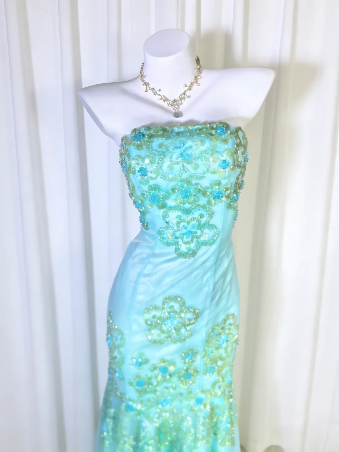 Dreamy Blue Vintage Mermaid Strapless Beaded Tulle Prom Dress Party Dress DP5009