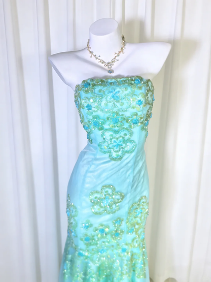 Dreamy Blue Vintage Mermaid Strapless Beaded Tulle Prom Dress Party Dress DP5009